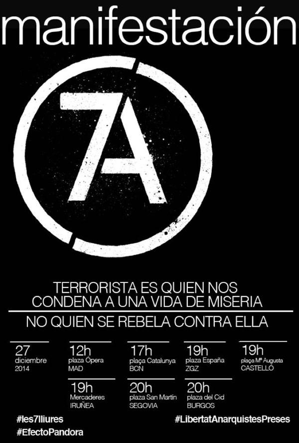 Ισπανία: Αφίσες/ καλέσματα για πορείες αλληλεγγύης για 7 αιχμάλωτους συντρόφους