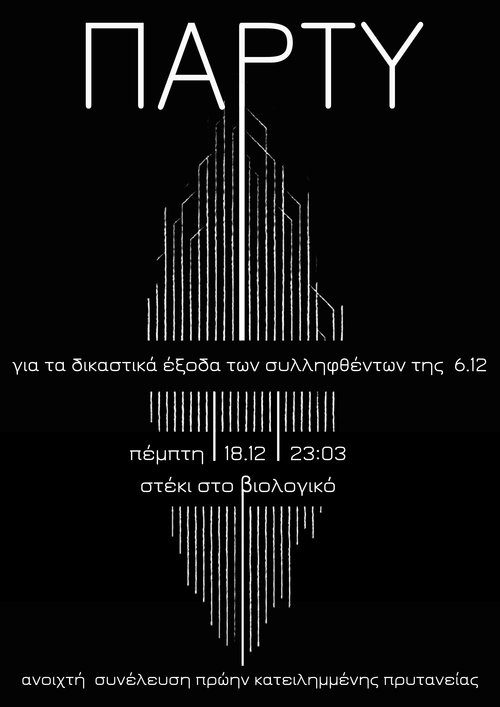 Θεσσαλονίκη : Πέμπτη 18/12, 23:00 – Party οικονομικής ενίσχυσης συλληφθέντων πορείας 6/12