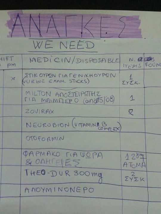 Αθήνα : Οι αναγκες του ιατρειου και της ομαδας υγειας για 09/08. ‪#‎pedion_areos‬
