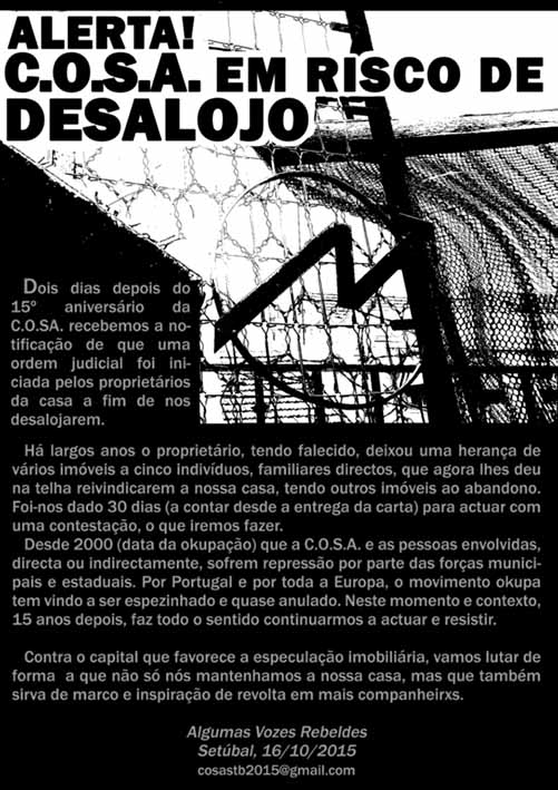 Ουρουγουάη: Αλληλεγγύη στην κατάληψη C.O.S.A που απειλείται με εκκένωση στην Πορτογαλία