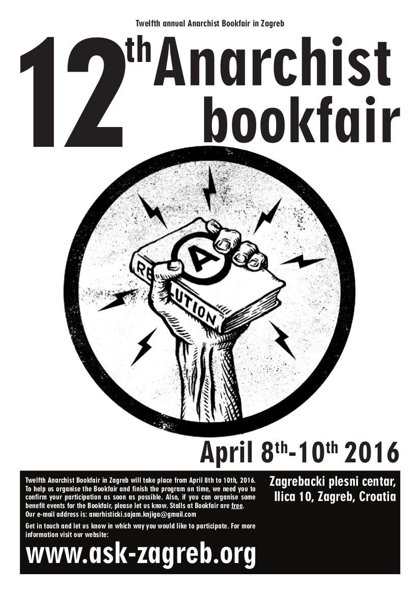 Croatia: Twelfth Anarchist Bookfair in Zagreb from 8th to 10th April 2016