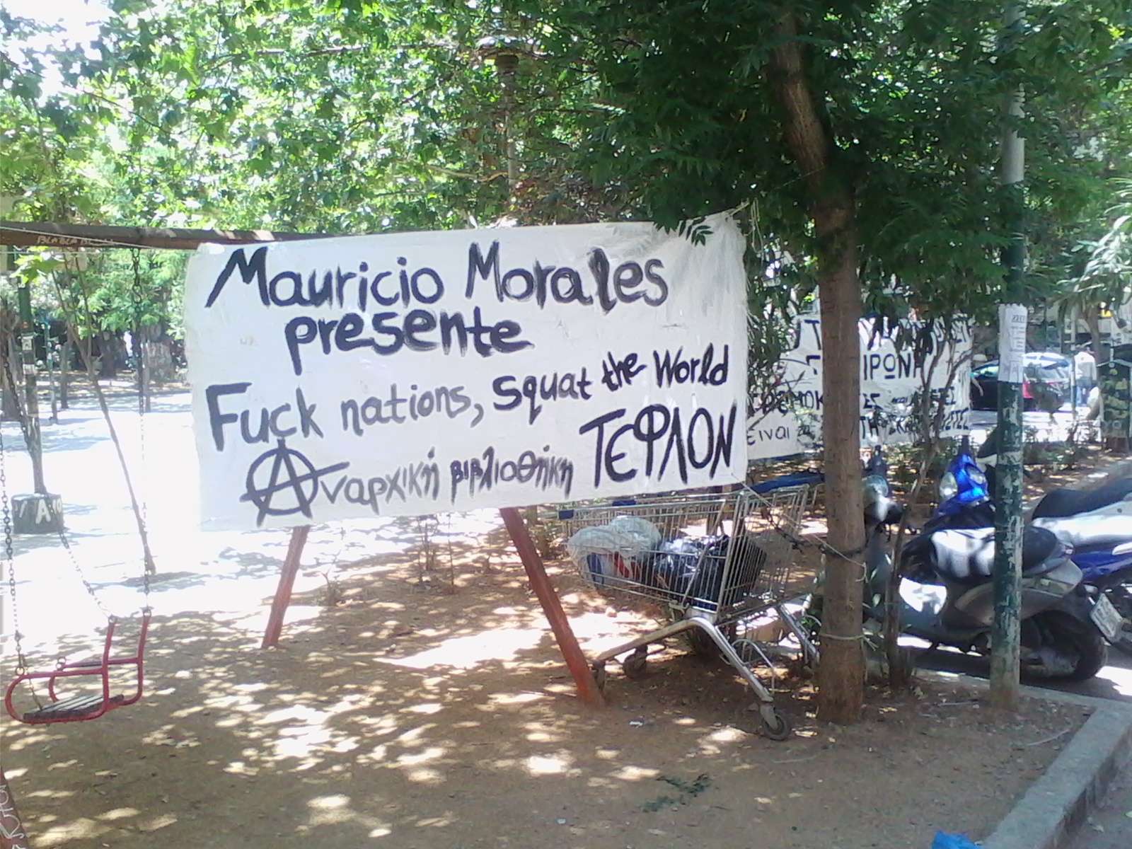 Greece: Banner on Exarchia Square in memory of Mauricio Morales