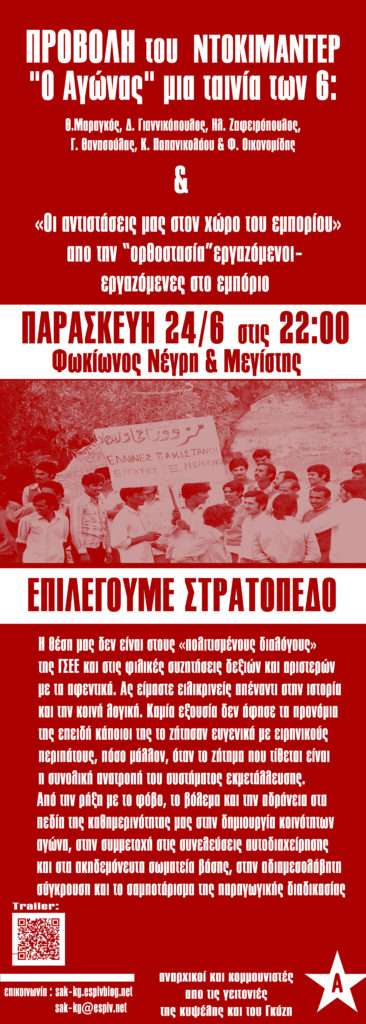Αθήνα: Προβολή ντοκυμαντερ “Ο Αγώνας”, στο θεατράκι της Φωκ. Νέγρη στην Κυψέλη