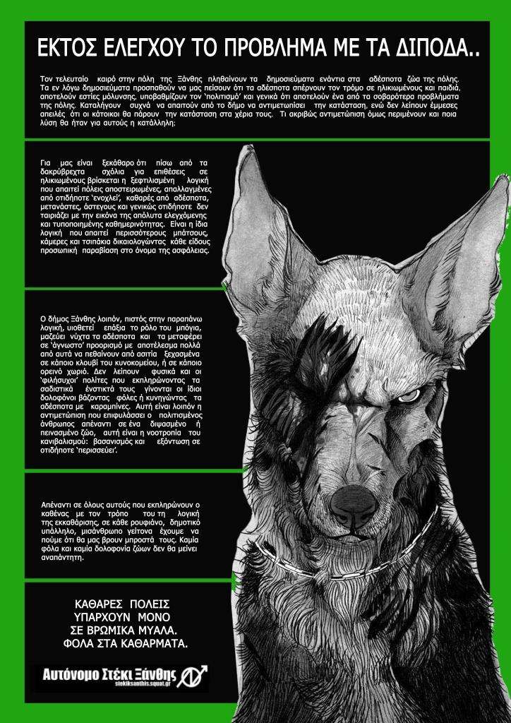 Ξάνθη: Αφίσα και κείμενο ενάντια στη στοχοποίηση και υποτίμηση των αδέσποτων ζώων