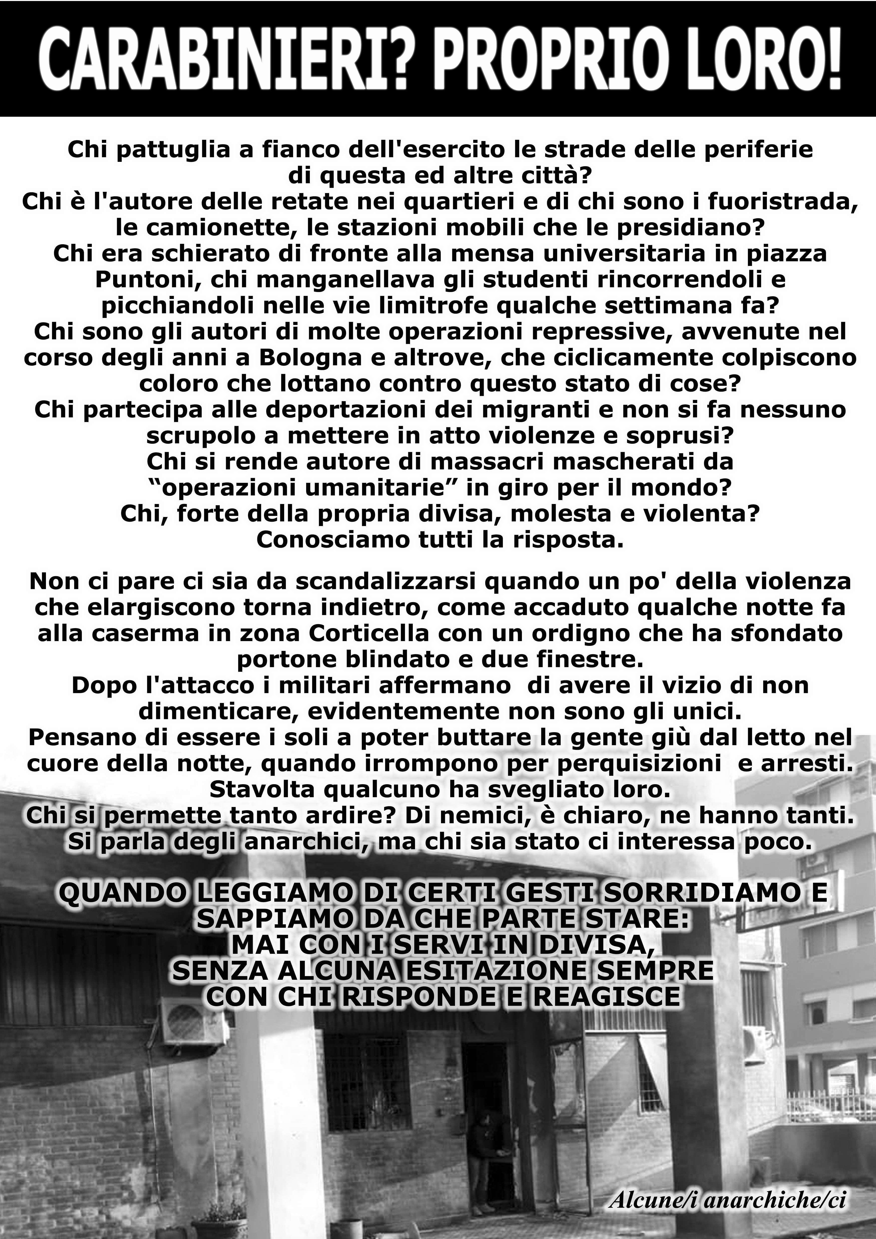 Bologna, Italy: Poster put up following the attack on carabinieri barracks