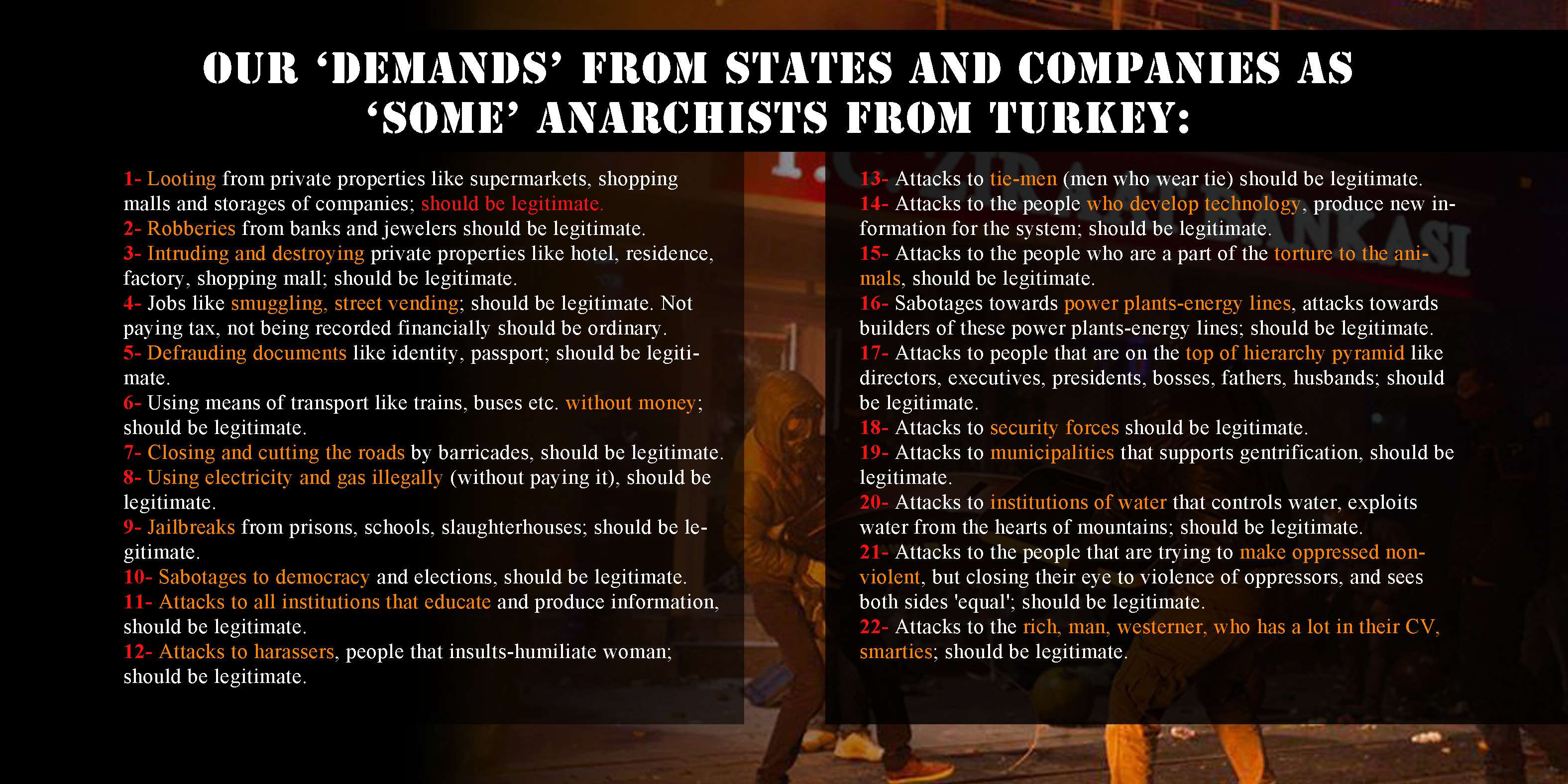 ‘Some’ Anarchists from Turkey: Our ‘Demands’ from States and Companies