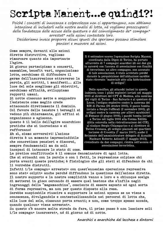 Lecco, IT: Leaflet given out in solidarity with the comrades arrested following Operation Scripta Manent