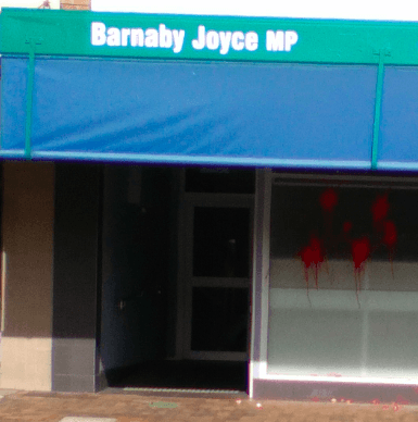 So-called Australia: Office of Deputy PM Barnaby Joyce paint-bombed in solidarity with First Nations Communities