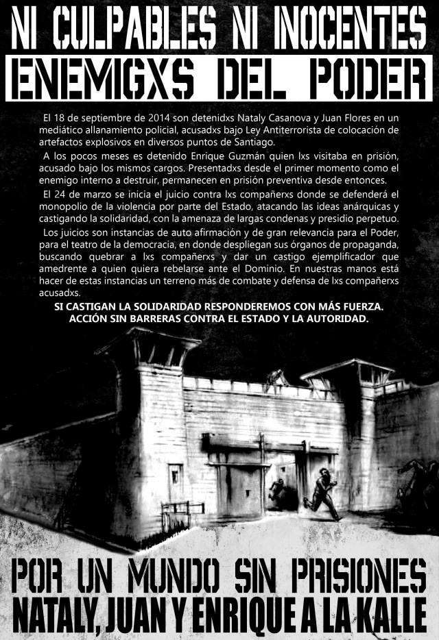 Χιλή: Αφίσα αλληλεγγύης στους αναρχικούς αιχμάλωτους Juan, Nataly και Enrique, που δικάζονται από τις 24 Μαρτίου