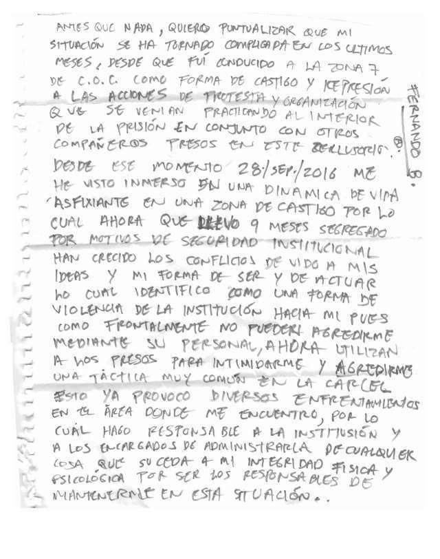 Mexico: New Letter from Anarchist Prisoner Fernando Bárcenas