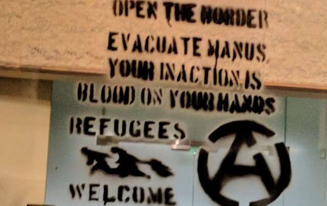 Sydney, Australia: Stencil Actions at Liberal & Labor MP Electoral Offices in Solidarity with Refugees on Manus
