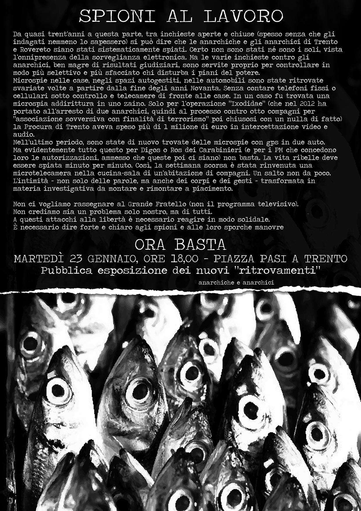 Trento, Italy: “Spies at work” Poster of 23rd January’s initiative concerning the bugs recently found in Trento