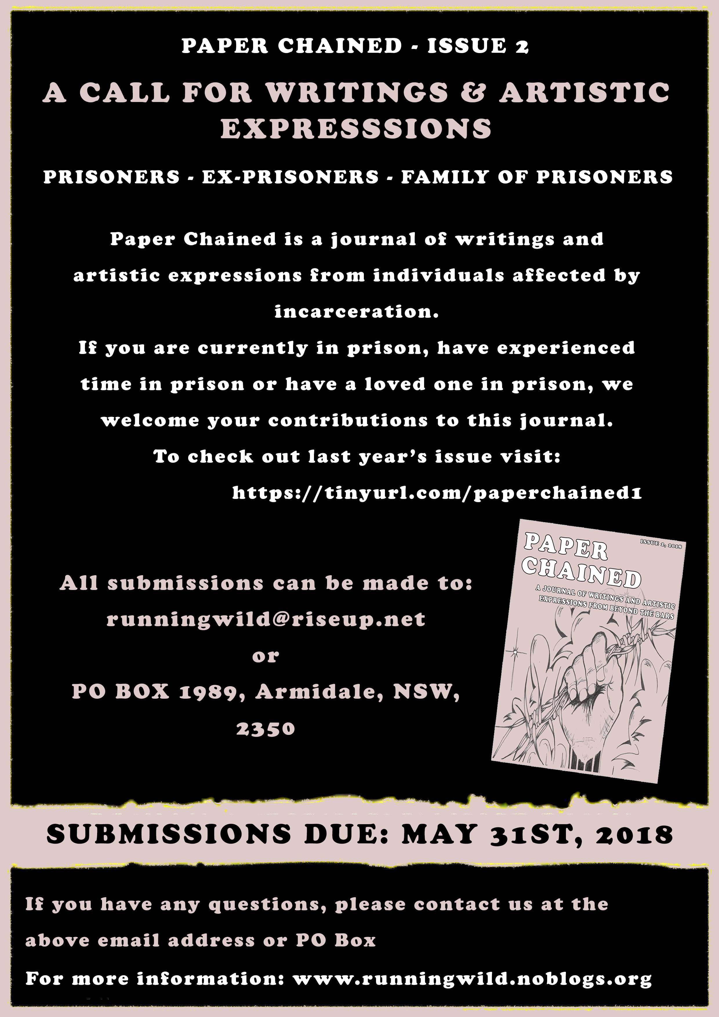 Australia: Call for Contributions – Paper Chained 2018 – Prison Writings Journal