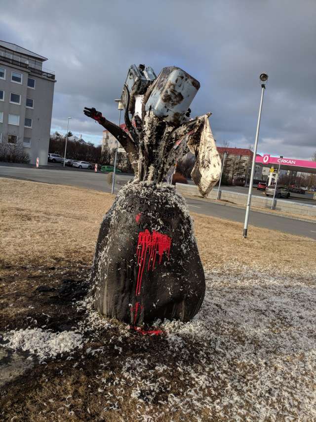 Reykjavík, Iceland: NATO Memorial Tarred and Feathered for World Afrin Day