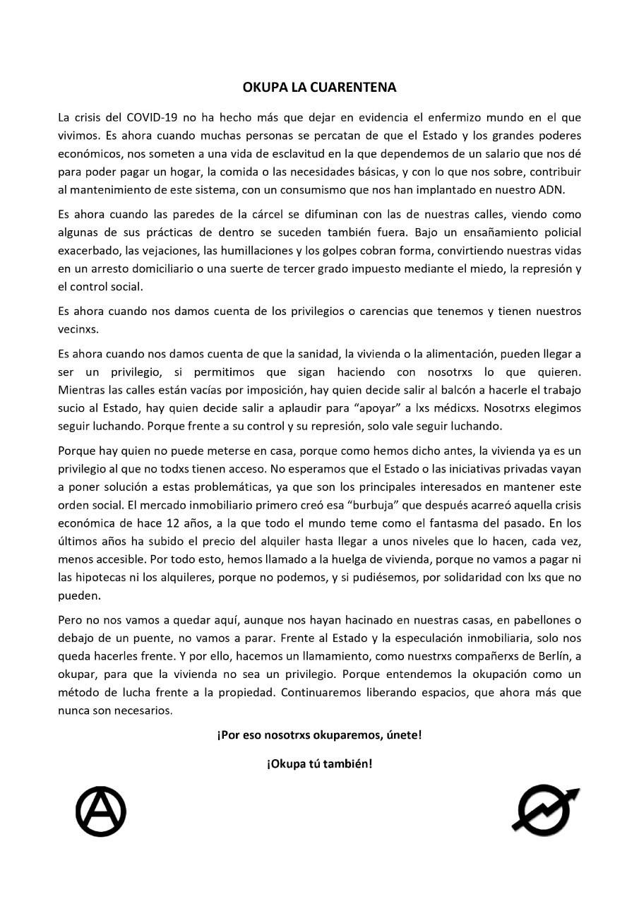 Estado español, LLamamiento a extender la okupación: «Okupa la cuarentena»
