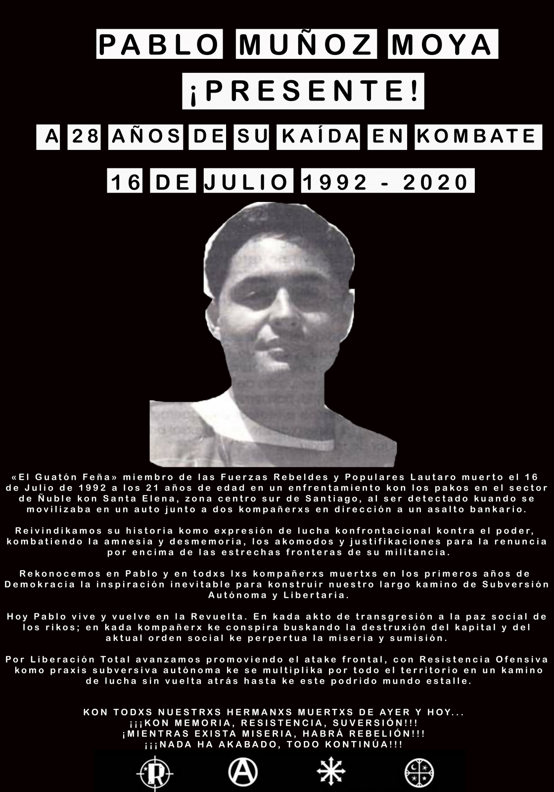 Chile: Afiche en memoria del compañero Pablo Muñoz Moya