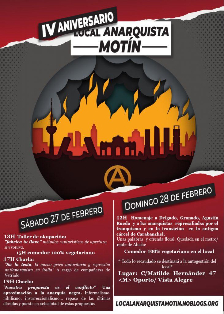 Madrid, Spagna: IV anniversario dello spazio anarchico Motín